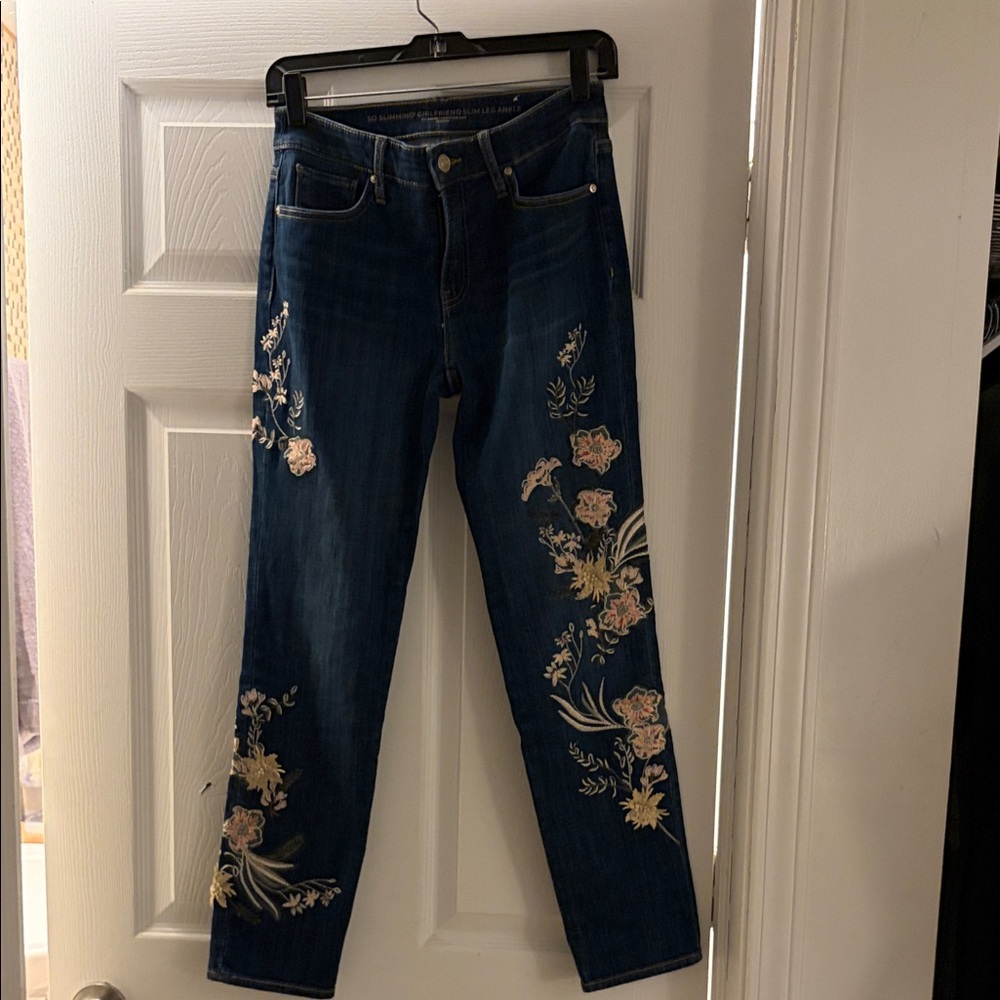 Chico's Blue Floral Embroidered Straight Leg Jeans